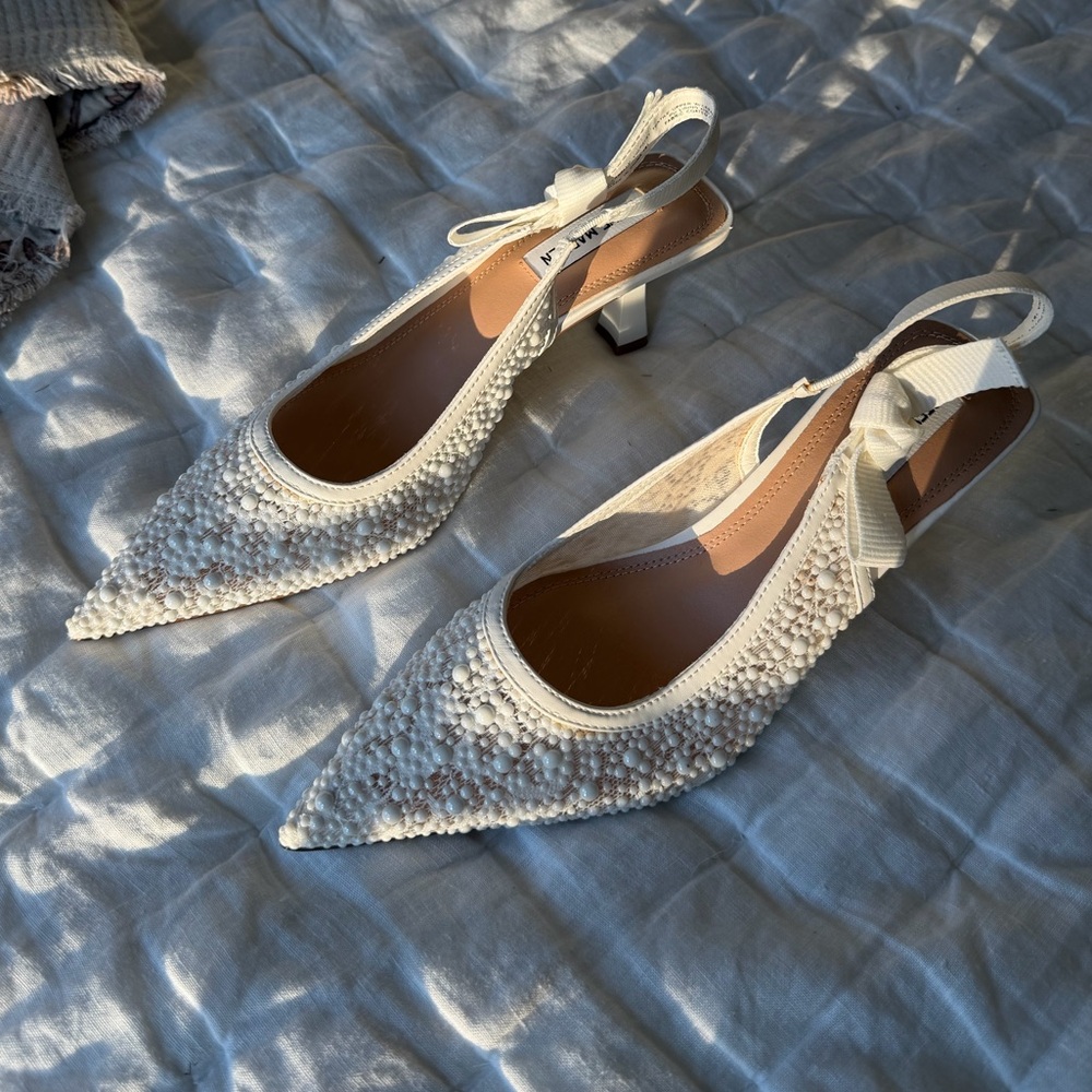 Steve Madden White Beaded Slingback Kitten Heels